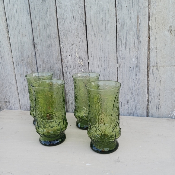 Vtg Anchor Hocking Rainflower Avocado Green Textured Tumblers MCM Set Of 4 - Picture 6 of 6